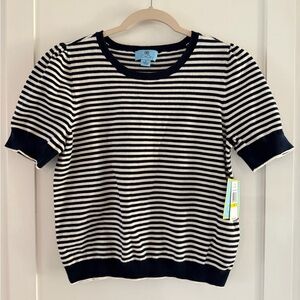 NWT CECE Navy White Striped Puff Sleeve Sweater Medium